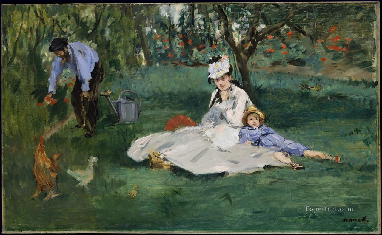 アルジャントゥイユ・エドゥアール・マネの庭にいるモネ一家油絵
